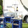 Outsunny Aluminum Camping Kitchen, Portable Folding Camping Table with Fabric Cupboards, Windshield, Bag for BBQ, Picnic, Blue