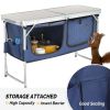 Outdoor Folding Table with Faux White MDF Top Aluminum Frame Rectangular Design Blue Fabric Storage Cabinet Adjustable to 3 Heights Portable Camping T