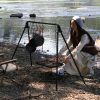 BBQ Swing Hanging Campfire Cooking Rack with Adjustable Iron Grill Grates,Foldable Campfire Cooking Rack with Hooks and Accessories for BBQ Picnic